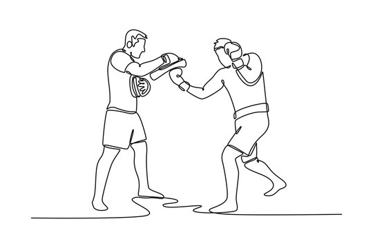 Single continuous line drawing boxer practicing uppercut punch drills with a personal trainer. Male boxer throwing punches on pads during training session. One line graphic design vector illustration