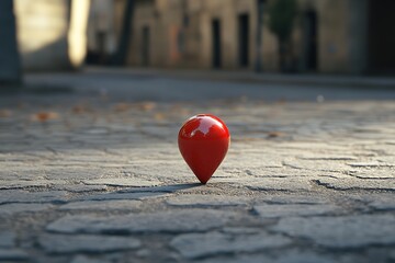 Red Heart Marker Sculpture: Urban Cobblestone Street Art Symbolizing Love with Creative Geometry and Minimalism in Vibrant Outdoor Photography, Highlighting Artistry and Emotional Charm