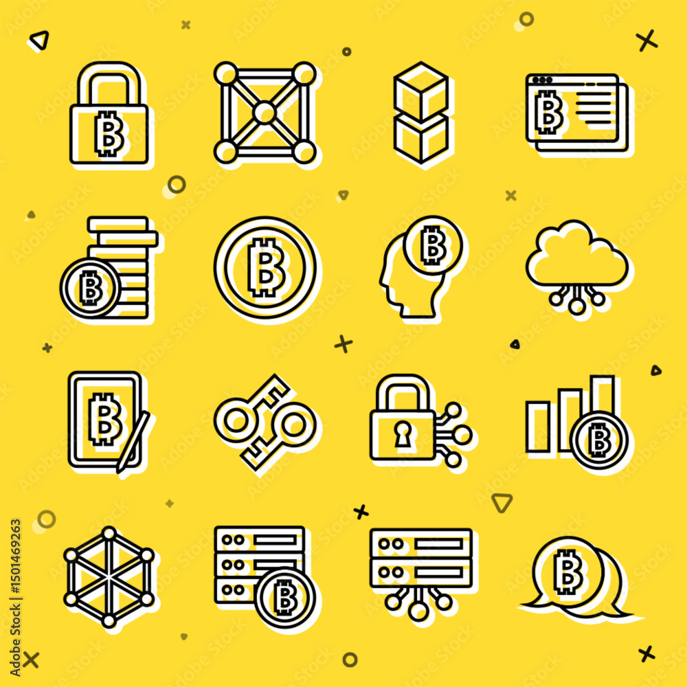 Poster set line bitcoin, pie chart infographic bitcoin, cryptocurrency cloud mining, blockchain technology,