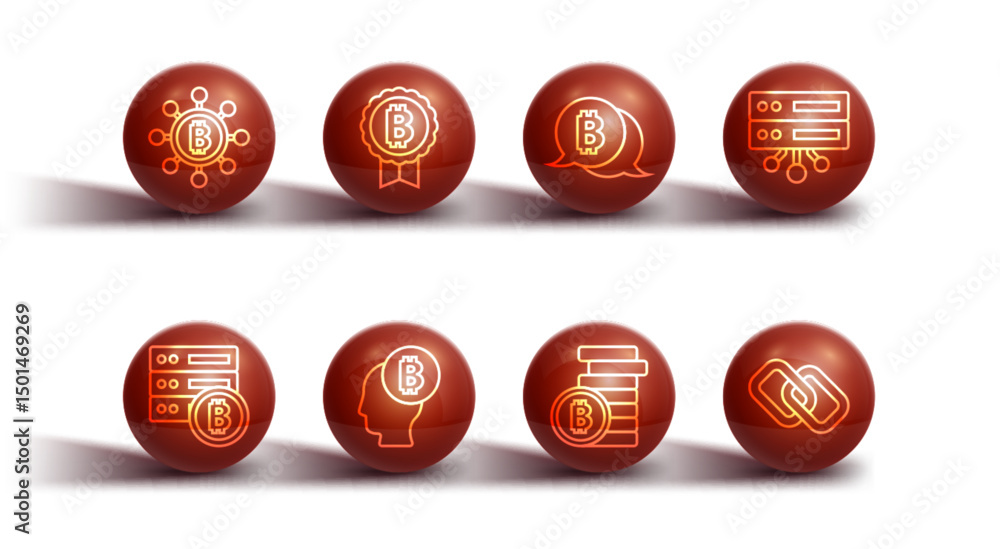 Aufkleber set line blockchain technology bitcoin, server bitcoin, think, chain link and icon. vector
