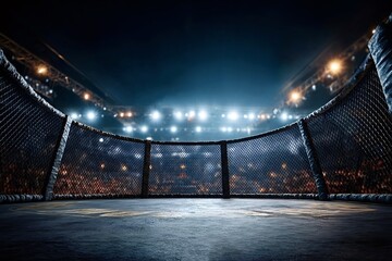Empty fighting arena with metal cage and bright lights illuminating crowded stadium