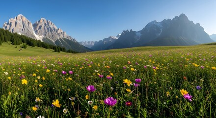 Obraz premium Serene alpine meadow with snow-capped peaks in background