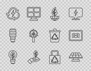 Set line Light bulb with leaf, Solar energy panel, Earth globe and, Plant in hand, Battery recycle, Wind turbine, Paper bag and Electrical outlet icon. Vector
