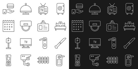 Set line Digital door lock, Knife, Bedroom, Retro tv, Bellboy hat, Hotel booking calendar, and Identification badge icon. Vector