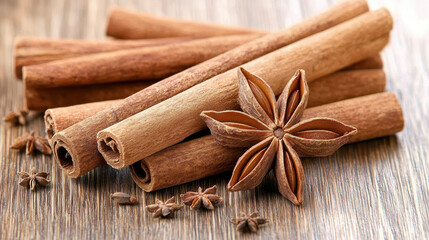 Cinnamon sticks and star anise on wooden surface create warm and inviting atmosphere, perfect for culinary delights