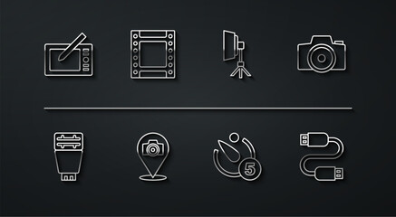 Set line Graphic tablet, Photo camera flash, Camera timer, roll cartridge, USB cable cord and Softbox light icon. Vector