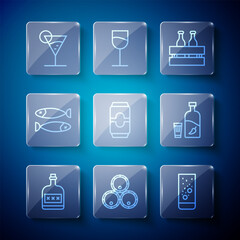 Set line Alcohol drink Rum bottle, Wooden barrels, Effervescent tablets water, Pack of beer bottles, Beer can, Dried fish, Martini glass and Vodka with pepper and icon. Vector