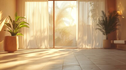 Sunlit home interior with sheer curtains, tiled flooring, and minimalist decorative accents 