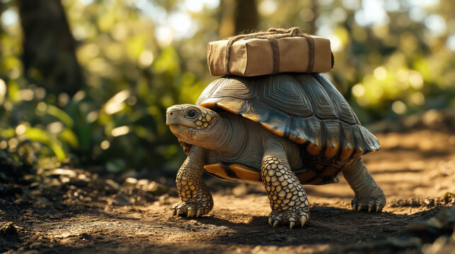 Tortoise Carrying Parcel as Symbol of Slow Delivery