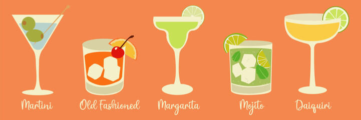 Flat vector illustration of cocktails. Martini, old fashioned, margarita, mojito, and daiquiri. Hand drawn alcoholic beverage icons. Summer party drink clipart for bar menu, invitations. 