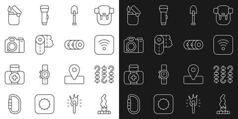 Set line Campfire, Grilled shish kebab on skewer, Wi-Fi wireless internet, Shovel, Paper towel roll, Photo camera, Lighter and Blanket icon. Vector