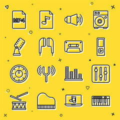 Set line Music synthesizer, Sound mixer controller, player, Megaphone, Air headphones, Microphone, MP4 file document and Retro audio cassette tape icon. Vector