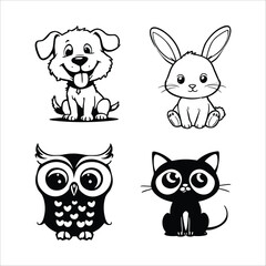 Fototapeta premium Cute animals dog rabbit owl cat vector illustration drawing cartoon pet graphic design outline adorable art
