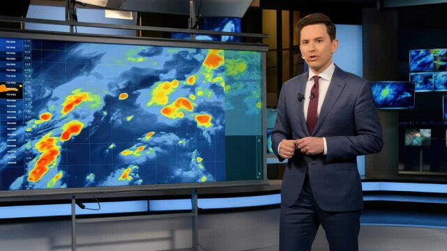Weather forecast presentation showing meteorologist explaining storm system movements on large screen