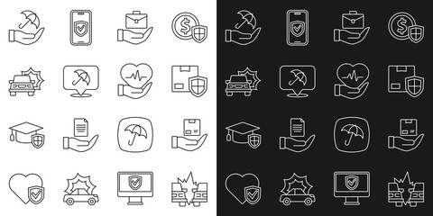 Set line Car accident, Delivery insurance, security with shield, Hand holding briefcase, Umbrella, hand and Life icon. Vector