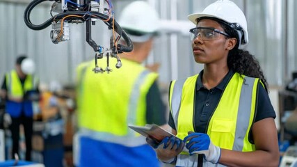 Young female engineer inspecting robotic arm in manufacturing plant with tablet - Powered by Adobe