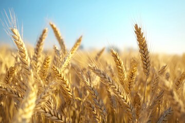Fototapeta premium Golden wheat stalks sway gently in the summer breeze beneath a clear blue sky. This vibrant wheat field is depicted with depth of field blur, creating a serene and peaceful atmosphere