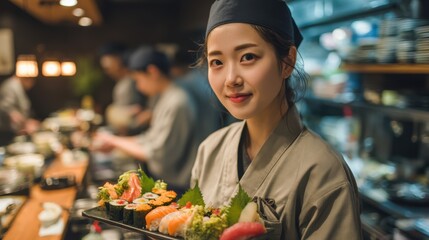 Obraz premium Elegant Japanese female chef with long hair tied back, wearing a clean modern uniform, holding a platter of colorful sushi in a stylish restaurant kitchen, soft warm lighting