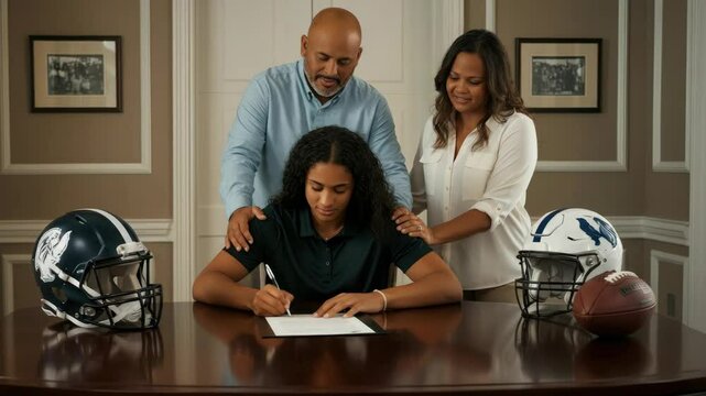 Female athlete signing document at table with parents, football gear