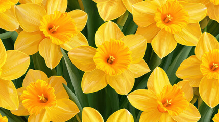 Obraz premium Bright yellow daffodils bloom in vibrant display, showcasing their cheerful petals and lush green leaves, evoking sense of joy and renewal