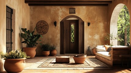 Flat lay of rustic Spanish courtyard-style living room, clay pots, warm ochres, iron details
