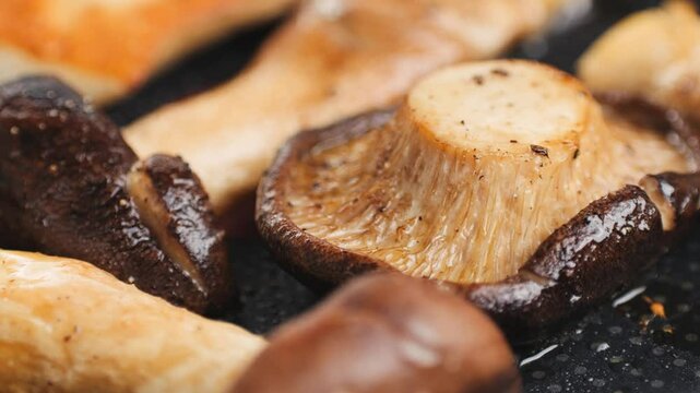 Fresh Royal oyster mushrooms, chef cooking on a wooden cutting board with knife in cafe asian restaurant kitchen, vibrant scene of food preparation