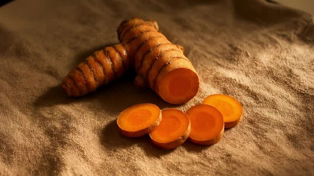Whole Turmeric Root with Slices on Textured Fabric Background
