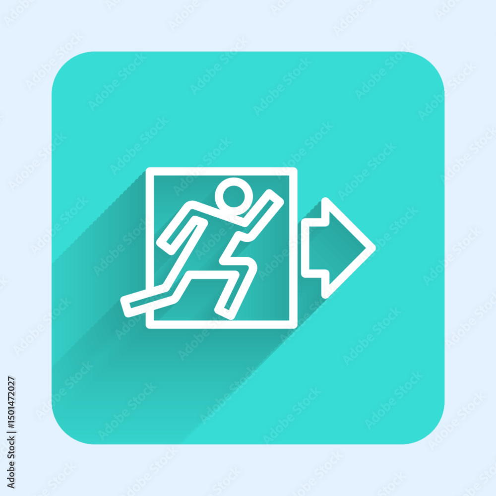 Poster white line fire exit icon isolated with long shadow background. fire emergency icon. green square bu