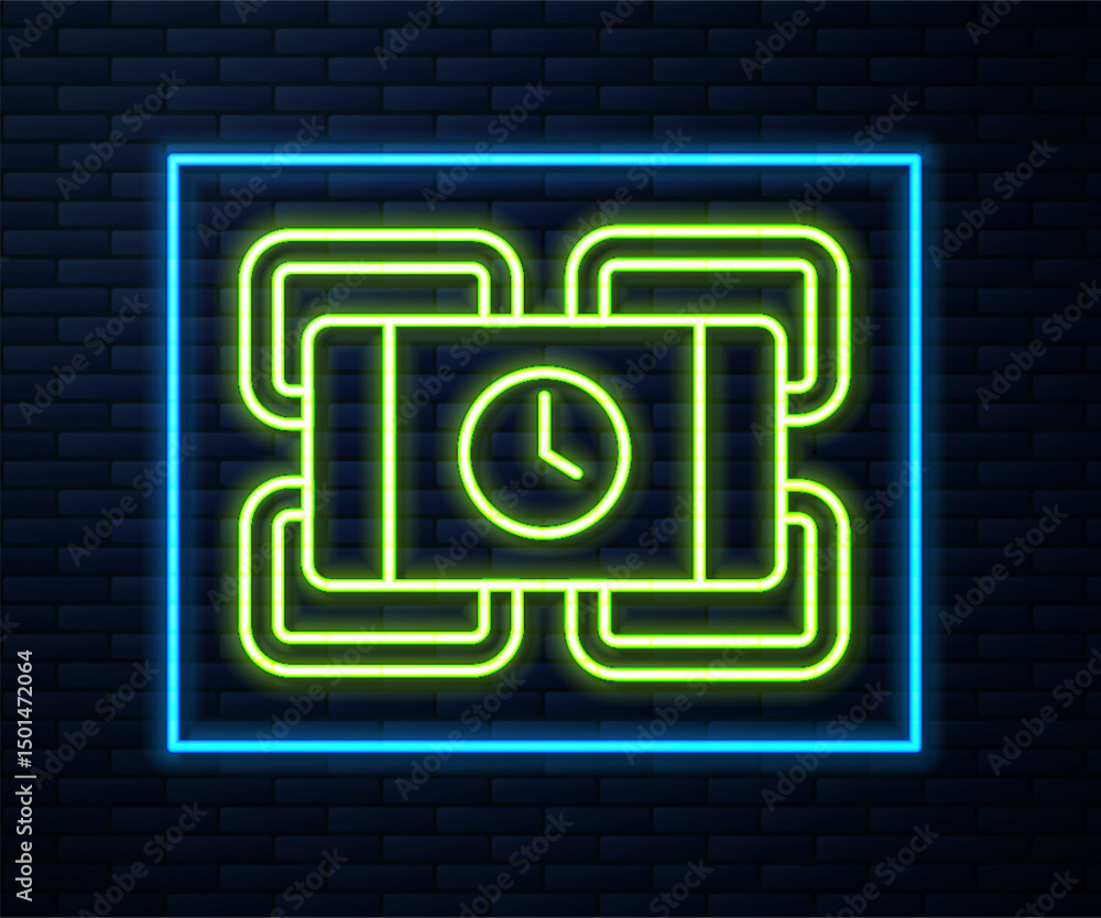 Poster glowing neon line detonate dynamite bomb stick and timer clock icon isolated on brick wall backgroun