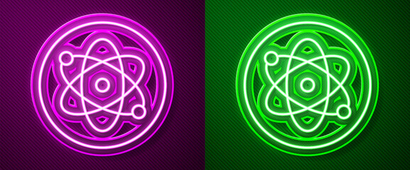 Glowing neon line Atom icon isolated on purple and green background. Symbol of science, education, nuclear physics, scientific research. Vector