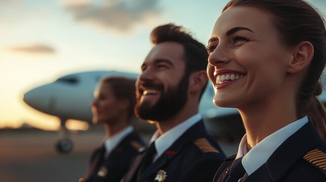 Airline crew smiling brightly at private jet against setting sun background