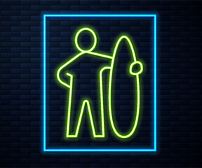Glowing neon line Surfboard icon isolated on brick wall background. Surfing board. Extreme sport. Sport equipment. Vector