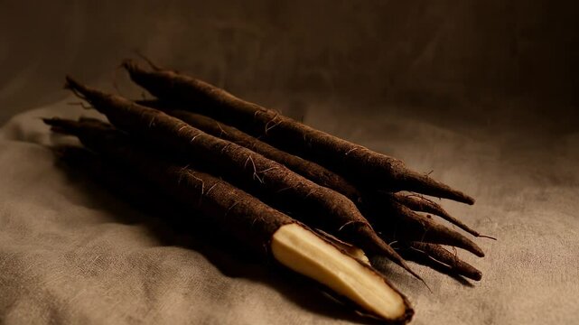 Close-up of Dark-skinned Scorzonera Roots on Beige Fabric with Earthy Textures