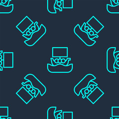 Green line Ancient viking scandinavian drakkar icon isolated seamless pattern on blue background. Viking transport ship. Vector