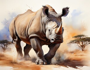 Fototapeta premium Starkes Nashorn in der Savanne – Aquarell Großtierportrait