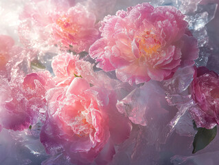 Frozen Pink Peonies and roses in Ice – Summer Floral Background