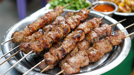 Delicious grilled skewers of marinated meat served on silver platter, garnished with fresh herbs and accompanied by dipping sauce