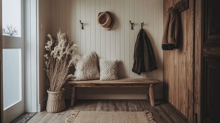 Obraz premium Flat lay of warm Scandinavian entryway, wood textures, minimalist design, cozy lighting