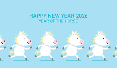 Obraz premium Zodiac horses cartoon vector illustration. Group of horses running. Happy new year of the horse 2026 greeting card.