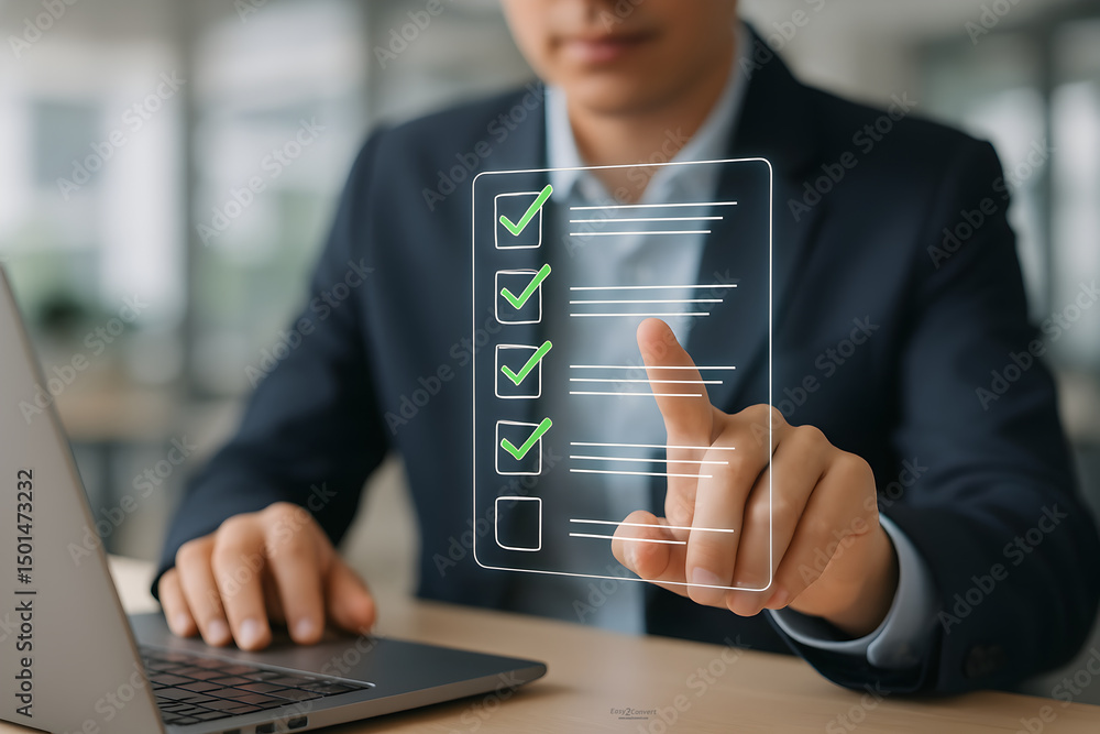 Poster digital document verification, businessman using laptop and tablet to approve digital document, revi