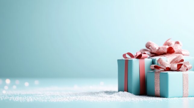 The image beautifully displays festively wrapped presents adorned with shiny ribbons and placed on a soft icy background, perfect for evoking feelings of celebration and joy.