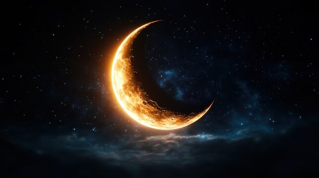 A striking crescent moon, glowing in rich gold tones, gently illuminates the starry night sky, offering a serene and enchanting view for nightdreamers and star gazers.