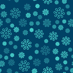 Green line Virus icon isolated seamless pattern on blue background. Corona virus 2019-nCoV. Bacteria and germs, cell cancer, microbe, fungi. Vector