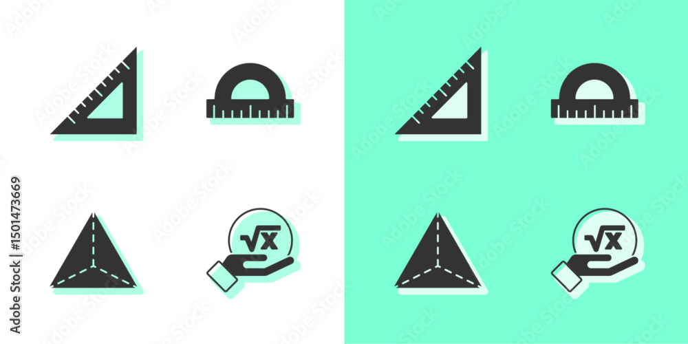 Poster set square root of x glyph, triangular ruler, geometric figure tetrahedron and protractor icon. vect
