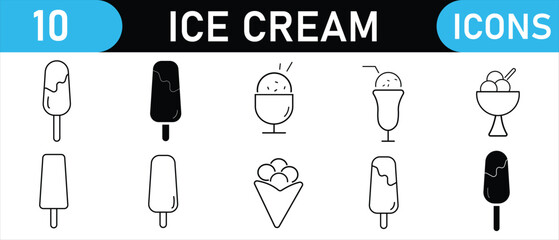 Ice cream icons set. Ice cream black silhouette icons set on white. Kulfi vector icon. Sunny days icons set, warm weather icons, juice icons set. Frozen dessert icon.