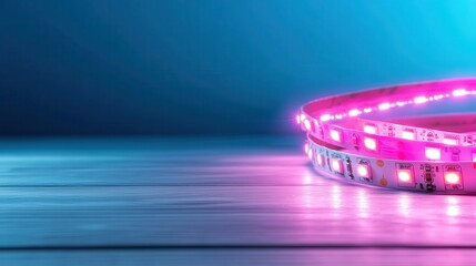 An artistic close-up of a vibrant LED strip light, coiling gracefully on a wooden surface, representing technology's seamless integration into home decor and ambiance.