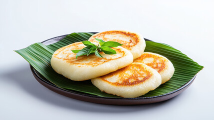 Delicious Thai khanom krok served on banana leaf, showcasing golden brown pancakes with hint of greenery