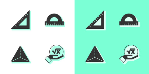 Set Square root of x glyph, Triangular ruler, Geometric figure Tetrahedron and Protractor icon. Vector