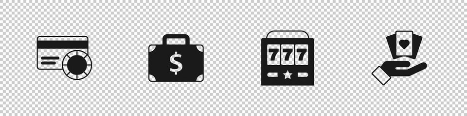 Set Credit card, Briefcase and money, Slot machine with jackpot and Hand holding playing cards icon. Vector