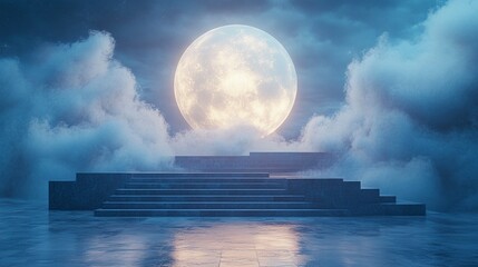 Surreal space environment with glowing celestial sphere and elegant stage platform 